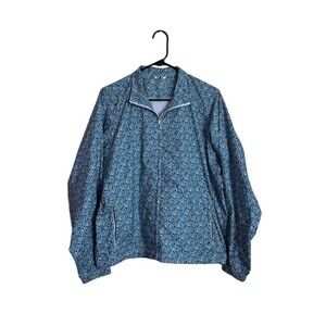 Tory Burch Sport Windbreaker Jacket Womens L Blue Floral Bird Print full-Zip